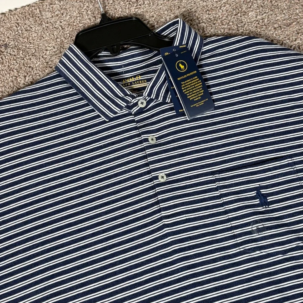 Polo Ralph Lauren Performance Mens XL Navy White Striped Pocket Polo Shirt Golf
